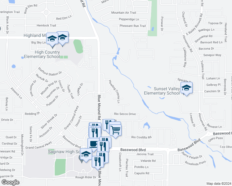 map of restaurants, bars, coffee shops, grocery stores, and more near 7408 Howling Coyote Lane in Fort Worth