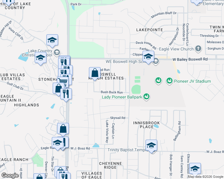 map of restaurants, bars, coffee shops, grocery stores, and more near 8200 Water Buck Run in Fort Worth