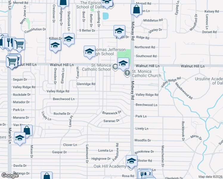 map of restaurants, bars, coffee shops, grocery stores, and more near 4129 Valley Ridge Road in Dallas
