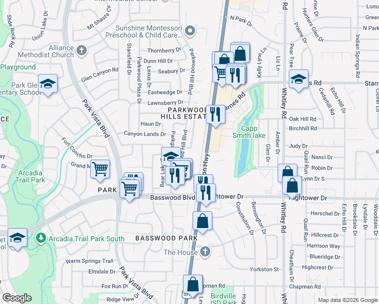 map of restaurants, bars, coffee shops, grocery stores, and more near 7508 Rhyner Way in Fort Worth
