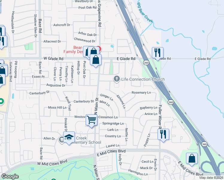 map of restaurants, bars, coffee shops, grocery stores, and more near 207 Almond Lane in Euless