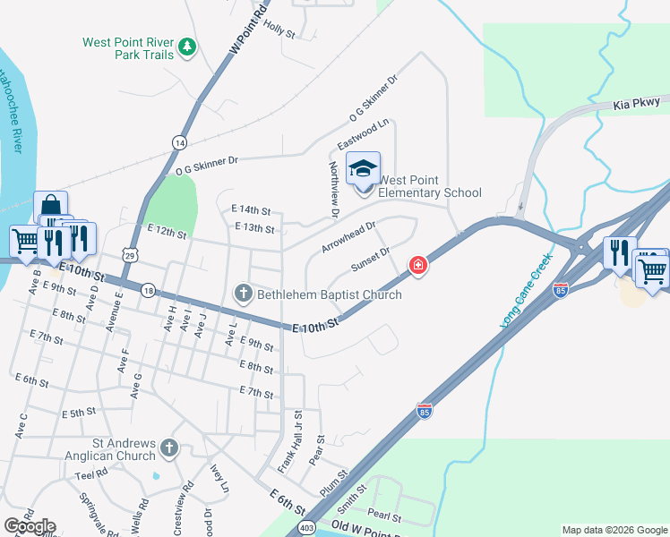map of restaurants, bars, coffee shops, grocery stores, and more near 105 Sunset Drive in West Point