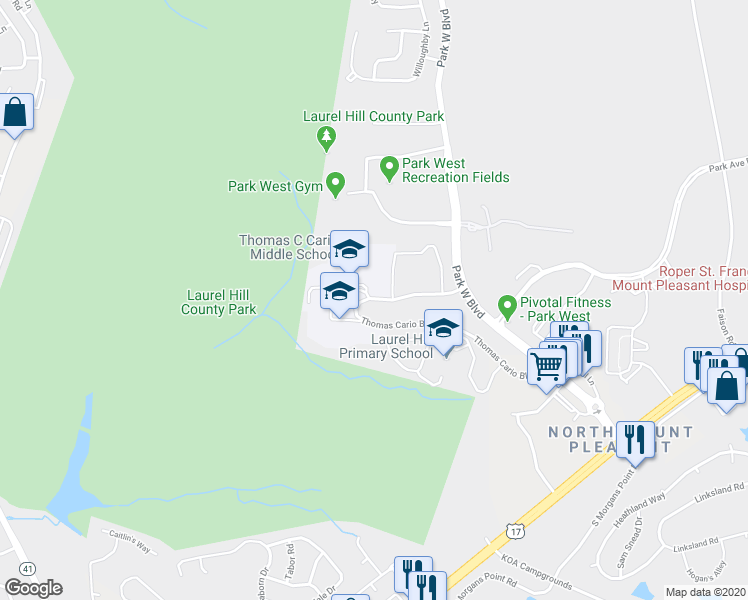 map of restaurants, bars, coffee shops, grocery stores, and more near 3300 Thomas Cairo Boulevard in Mount Pleasant
