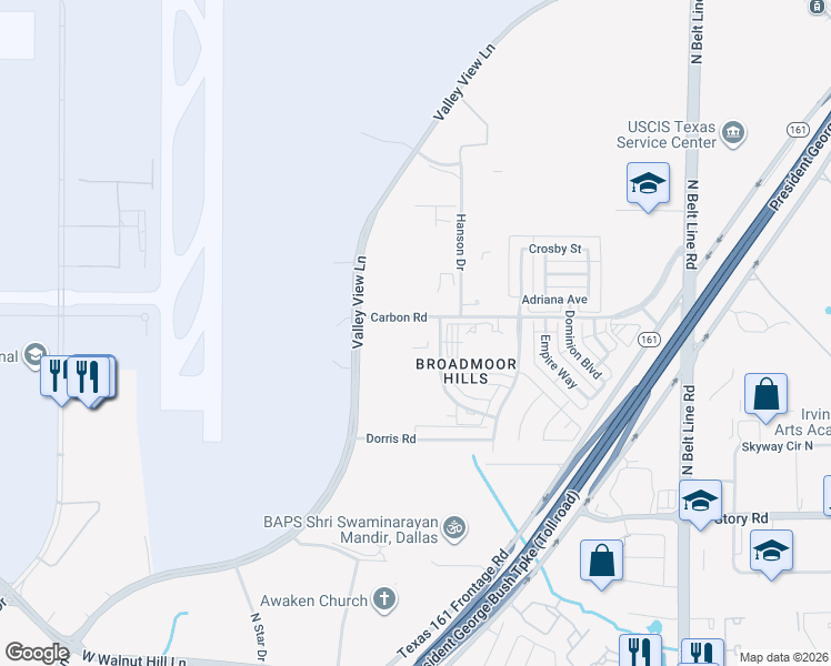 map of restaurants, bars, coffee shops, grocery stores, and more near 5015 Courtside Drive in Irving