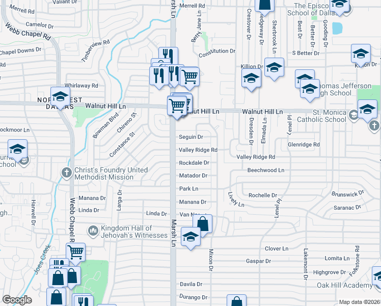 map of restaurants, bars, coffee shops, grocery stores, and more near 3723 Rockdale Drive in Dallas