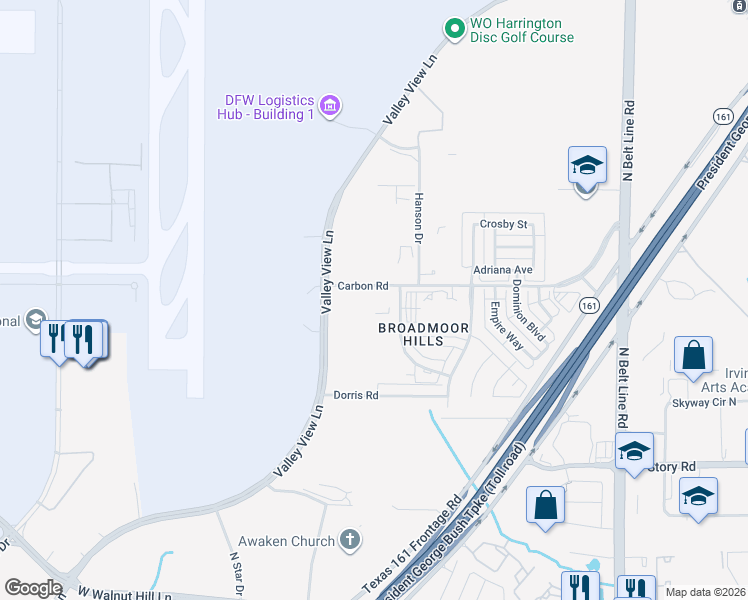 map of restaurants, bars, coffee shops, grocery stores, and more near 5015 Courtside Drive in Irving