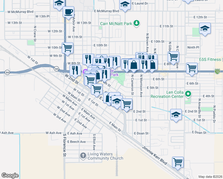 map of restaurants, bars, coffee shops, grocery stores, and more near 305 East 4th Street in Casa Grande