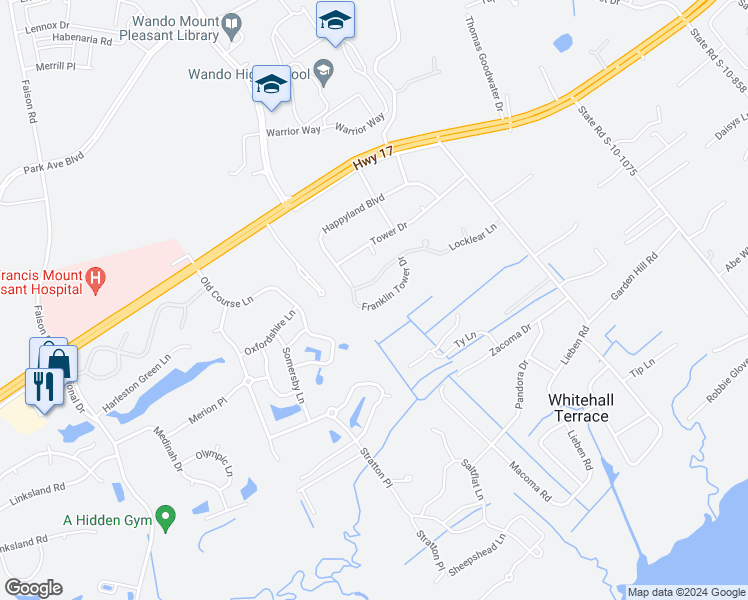 map of restaurants, bars, coffee shops, grocery stores, and more near 3574 Franklin Tower Drive in Mount Pleasant