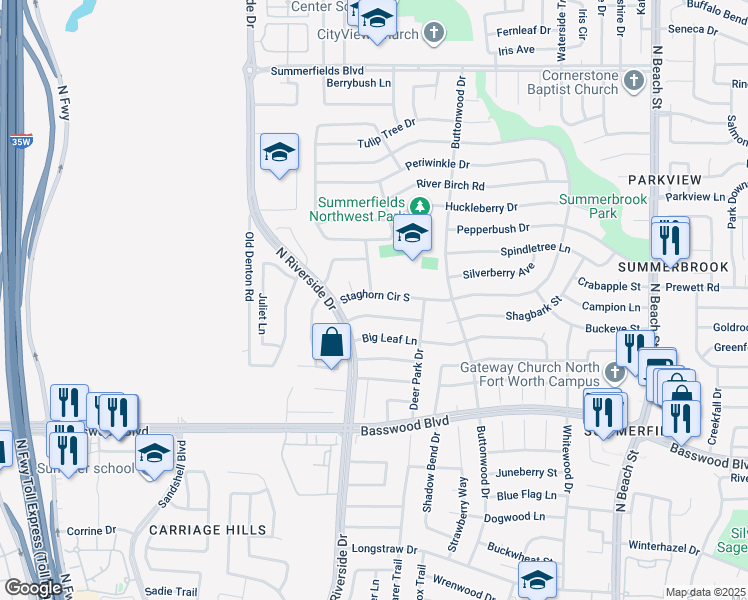 map of restaurants, bars, coffee shops, grocery stores, and more near 3724 Staghorn Circle South in Fort Worth