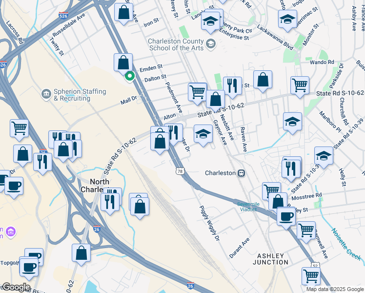 map of restaurants, bars, coffee shops, grocery stores, and more near 4716 Rivers Avenue in North Charleston