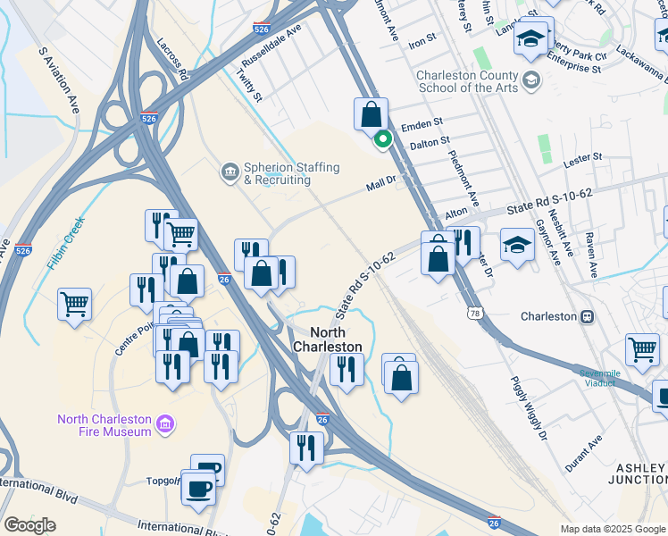 map of restaurants, bars, coffee shops, grocery stores, and more near 2403 Mall Drive in North Charleston