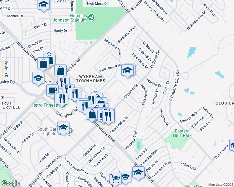 map of restaurants, bars, coffee shops, grocery stores, and more near 1245 Colonel Drive in Garland