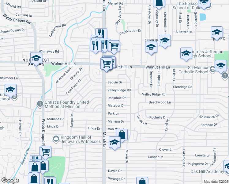 map of restaurants, bars, coffee shops, grocery stores, and more near 3723 Rockdale Drive in Dallas