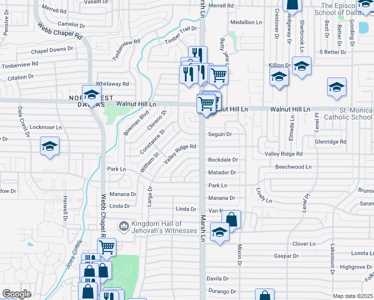 map of restaurants, bars, coffee shops, grocery stores, and more near 3622 Valley Ridge Road in Dallas