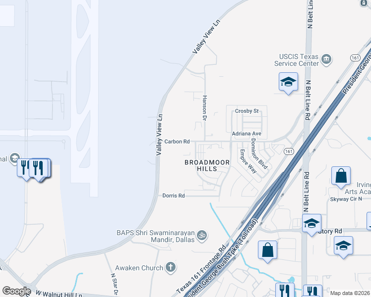 map of restaurants, bars, coffee shops, grocery stores, and more near 5015 Courtside Drive in Irving