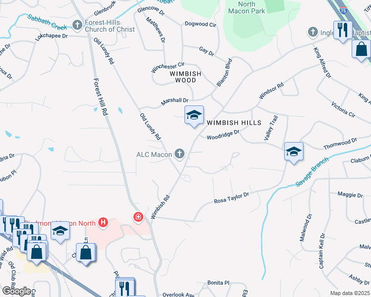 map of restaurants, bars, coffee shops, grocery stores, and more near 630 Wimbish Road in Macon