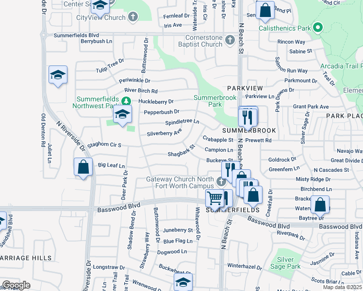 map of restaurants, bars, coffee shops, grocery stores, and more near 4129 Shagbark Street in Fort Worth