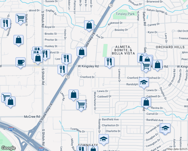map of restaurants, bars, coffee shops, grocery stores, and more near 1943 Cranford Drive in Garland