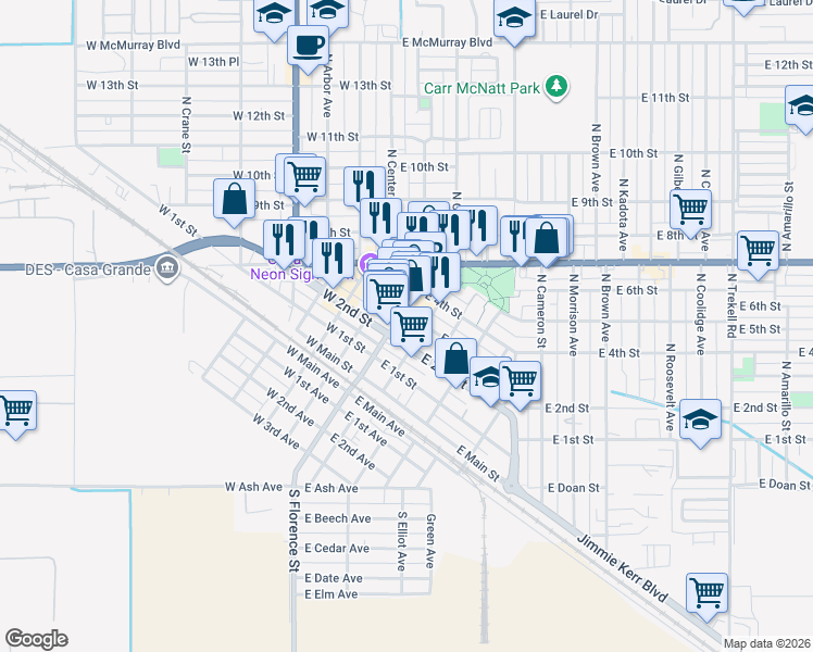 map of restaurants, bars, coffee shops, grocery stores, and more near 113 East 2nd Street in Casa Grande