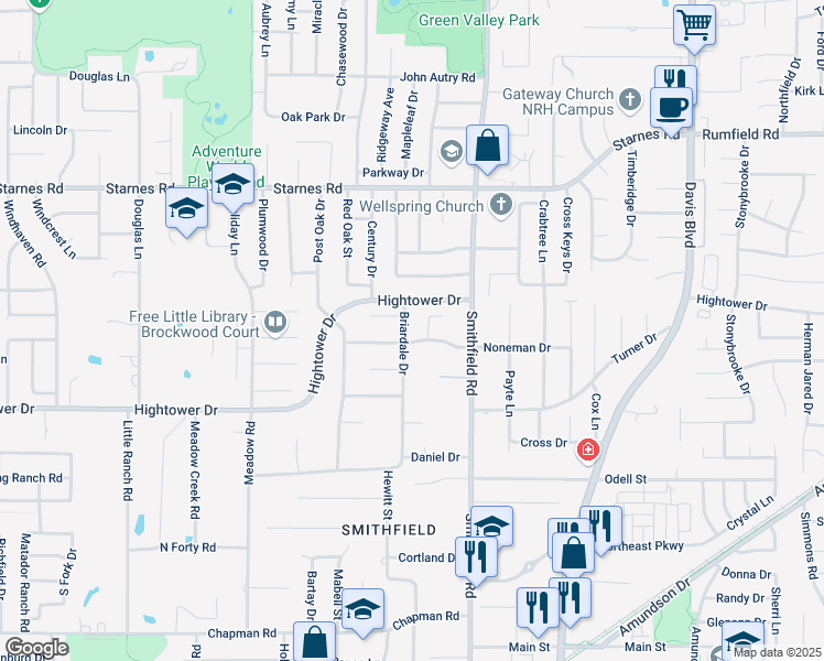 map of restaurants, bars, coffee shops, grocery stores, and more near 7033 Briardale Drive in Fort Worth