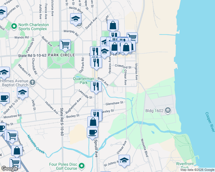 map of restaurants, bars, coffee shops, grocery stores, and more near 4502 Oakwood Avenue in North Charleston