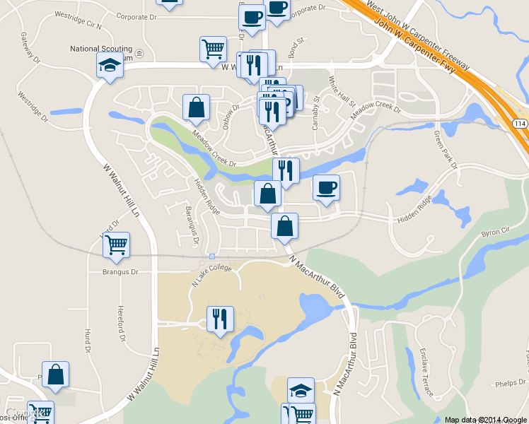 map of restaurants, bars, coffee shops, grocery stores, and more near 1127 Hidden Ridge in Irving
