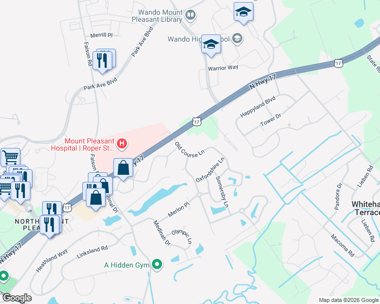 map of restaurants, bars, coffee shops, grocery stores, and more near 1155 Royal Links Drive in Mount Pleasant