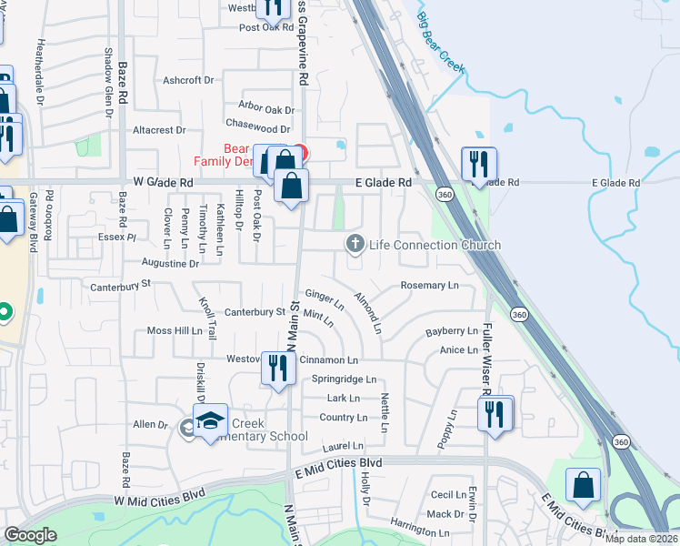 map of restaurants, bars, coffee shops, grocery stores, and more near 207 Almond Lane in Euless