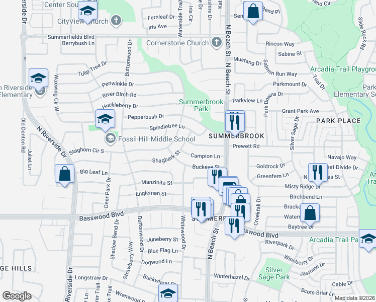 map of restaurants, bars, coffee shops, grocery stores, and more near 4212 Campion Lane in Fort Worth