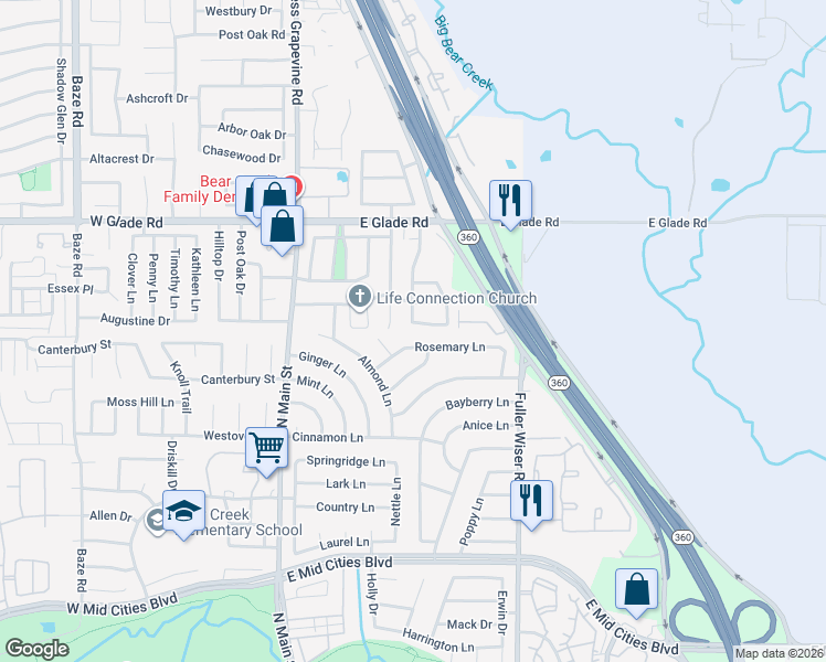 map of restaurants, bars, coffee shops, grocery stores, and more near 2800 Spicebush Lane in Euless