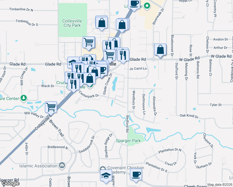 map of restaurants, bars, coffee shops, grocery stores, and more near 4701 Lakewood Drive in Colleyville