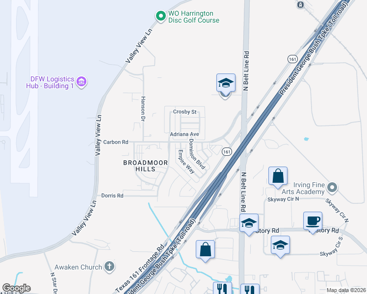map of restaurants, bars, coffee shops, grocery stores, and more near 5023 Empire Way in Irving