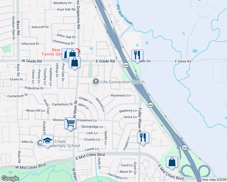 map of restaurants, bars, coffee shops, grocery stores, and more near 322 Sandlewood Lane in Euless