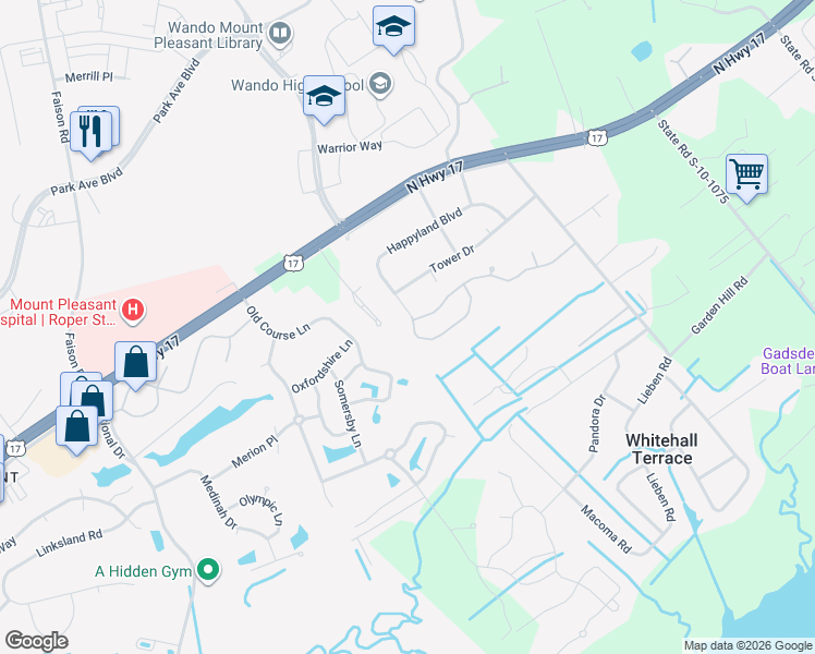 map of restaurants, bars, coffee shops, grocery stores, and more near 3563 Franklin Tower Drive in Mount Pleasant