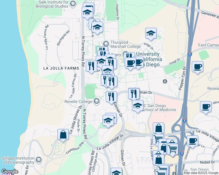 map of restaurants, bars, coffee shops, grocery stores, and more near 9500 Gilman Drive in San Diego