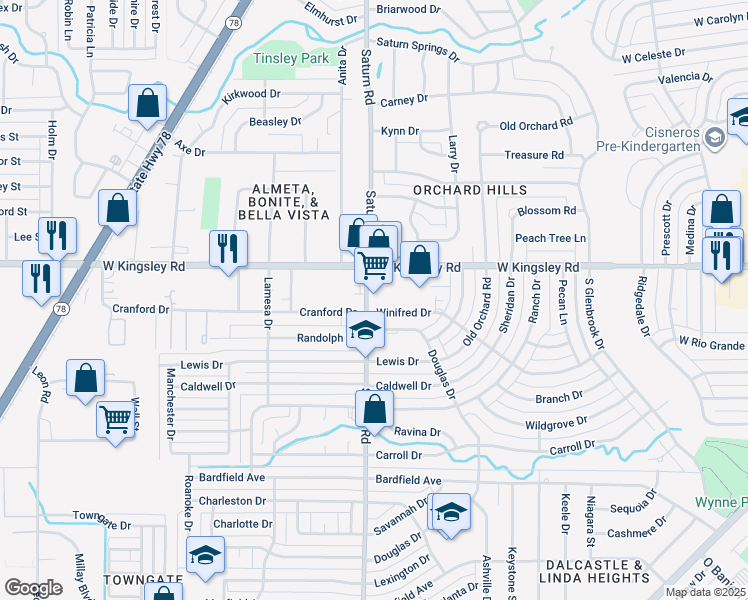 map of restaurants, bars, coffee shops, grocery stores, and more near 3118 Saturn Road in Garland