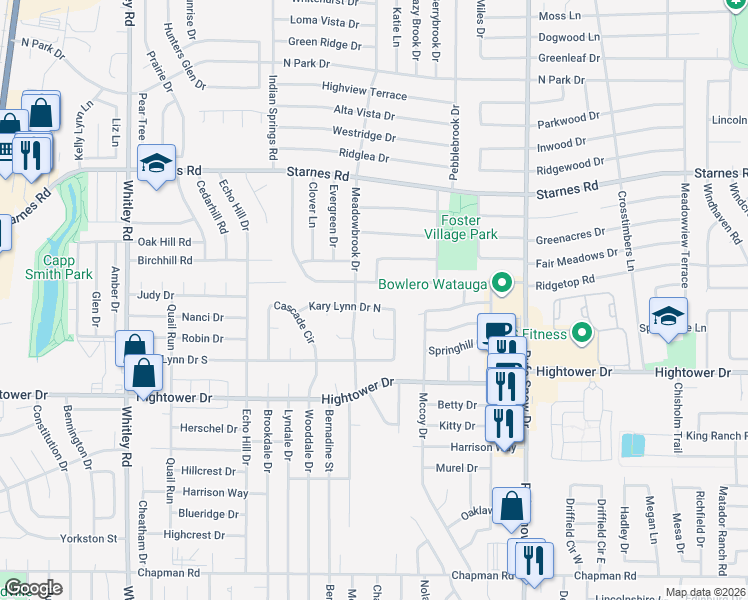 map of restaurants, bars, coffee shops, grocery stores, and more near 7312 Meadowbrook Drive in Watauga