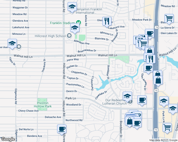 map of restaurants, bars, coffee shops, grocery stores, and more near 7131 Chipperton Drive in Dallas