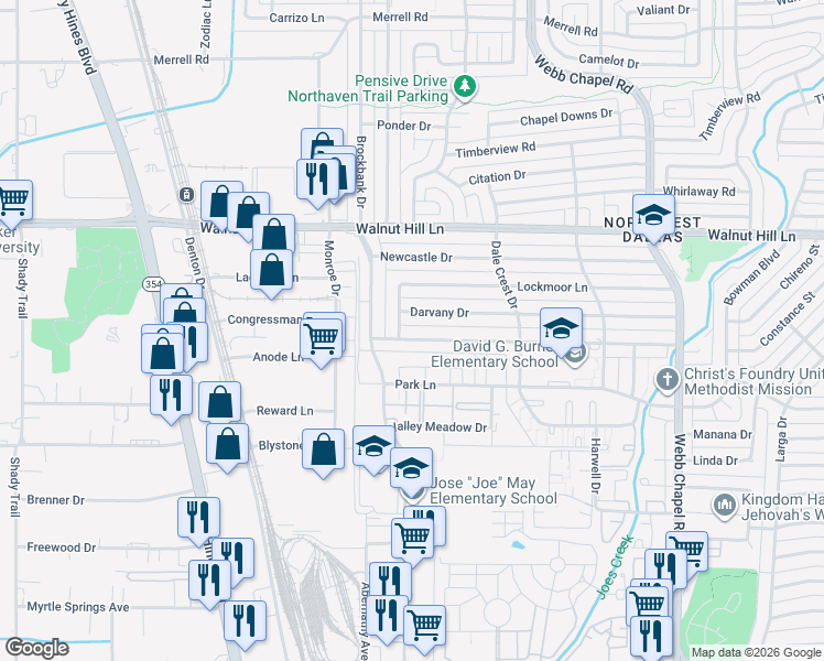 map of restaurants, bars, coffee shops, grocery stores, and more near 3050 Kinkaid Drive in Dallas