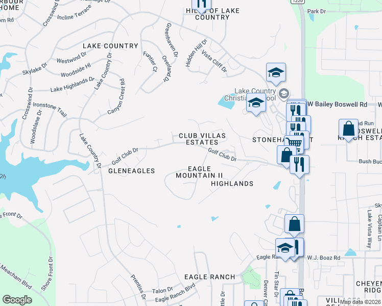 map of restaurants, bars, coffee shops, grocery stores, and more near 7645 Eagle Ridge Circle in Fort Worth