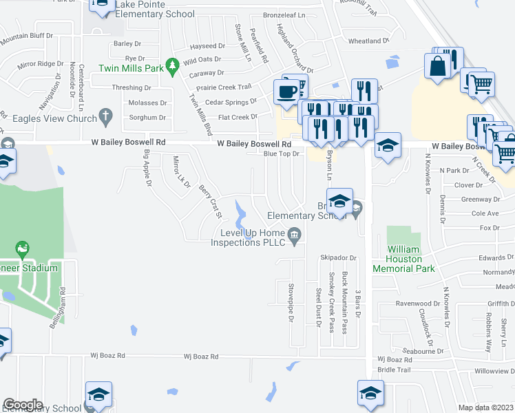 map of restaurants, bars, coffee shops, grocery stores, and more near 8532 Shallow Creek Drive in Fort Worth