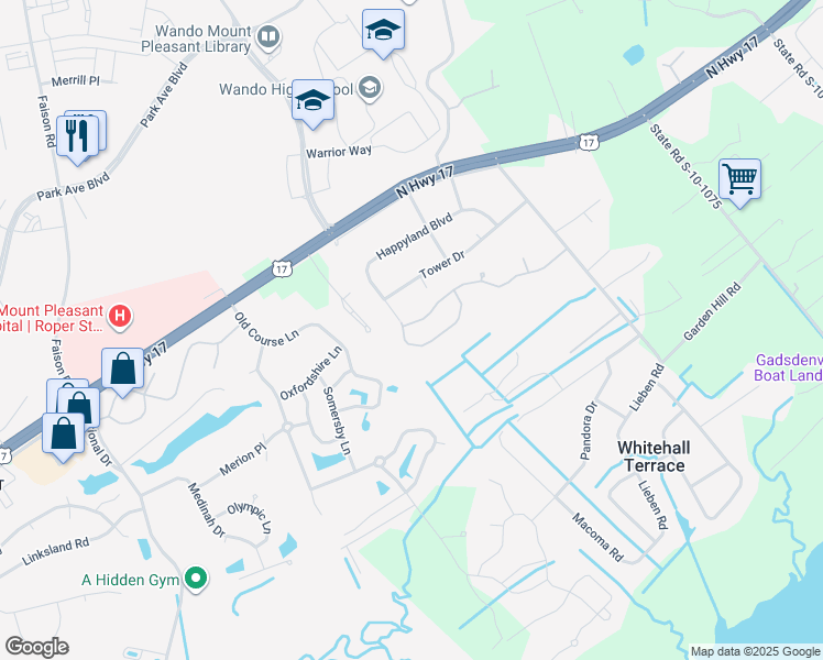 map of restaurants, bars, coffee shops, grocery stores, and more near 3565 Locklear Lane in Mount Pleasant