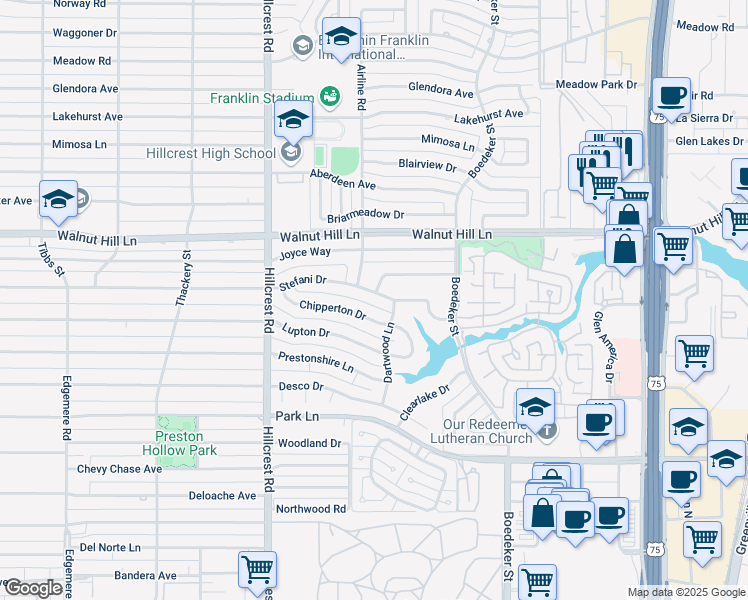 map of restaurants, bars, coffee shops, grocery stores, and more near 7131 Chipperton Drive in Dallas