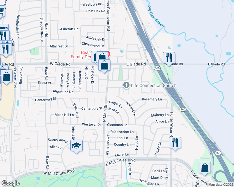 map of restaurants, bars, coffee shops, grocery stores, and more near 104 Almond Lane in Euless