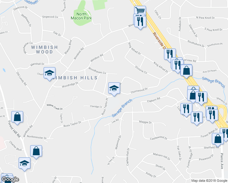 map of restaurants, bars, coffee shops, grocery stores, and more near Crestline Drive in Macon