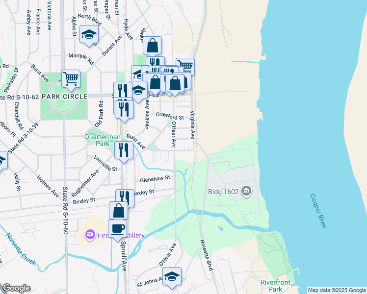map of restaurants, bars, coffee shops, grocery stores, and more near 1014 Buist Avenue in North Charleston