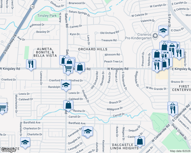 map of restaurants, bars, coffee shops, grocery stores, and more near 3217 Old Orchard Road in Garland