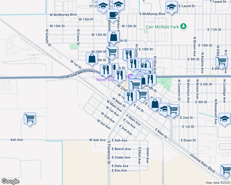 map of restaurants, bars, coffee shops, grocery stores, and more near 310 West 1st Street in Casa Grande