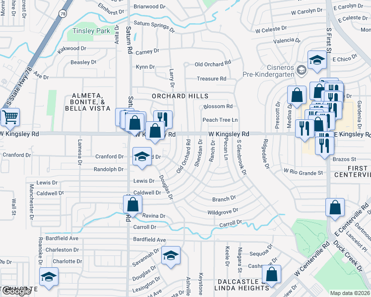 map of restaurants, bars, coffee shops, grocery stores, and more near 3217 Old Orchard Road in Garland