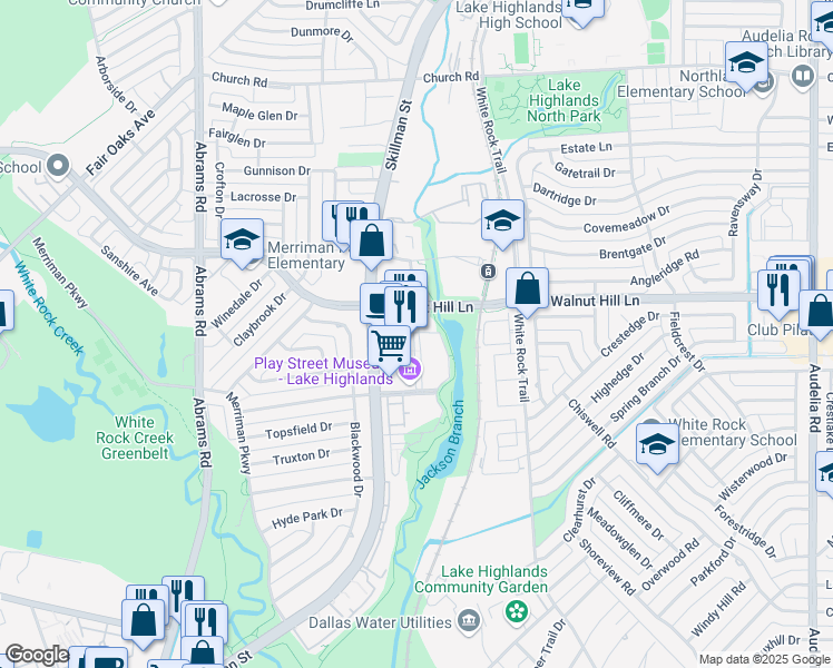 map of restaurants, bars, coffee shops, grocery stores, and more near 7150 Skillman Street in Dallas